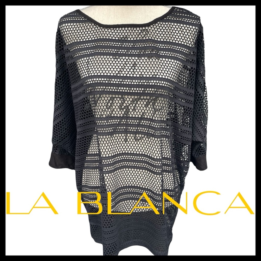 La Blanca Black Mesh Scoop Neck Dolman Short Sleeve Cover Up (L)
